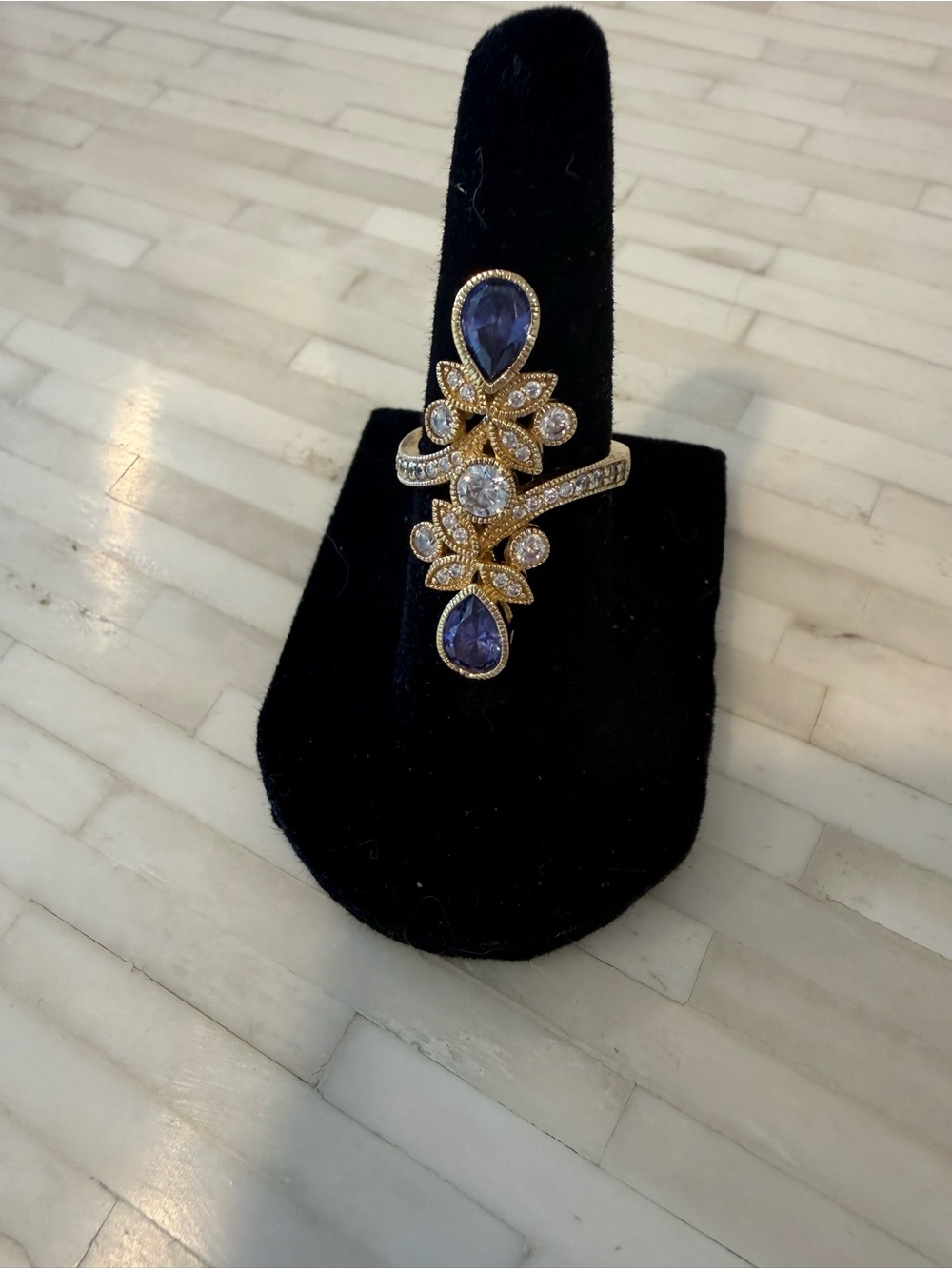 Gold Floral Statement Ring with Blue Teardrop Stones